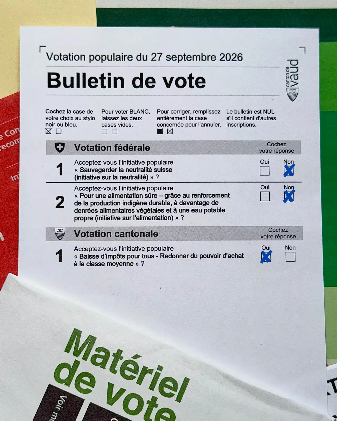 Photographie personnelle d’un bulletin de vote vaudois du 27 septembre 2026